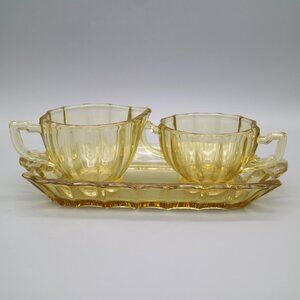 Vintage Amber Citrine Depression Glass Pressed Glass Cream & Sugar Set w/ Tray